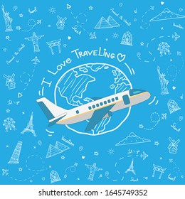 doodle airplane around the world concept summer banner plane aerial check in with Top world famous landmark blank on map space for text and content. vector, banner, Card, Hand Draw