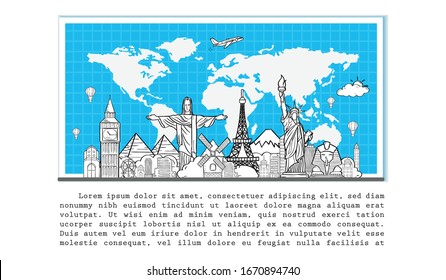 avión doodle alrededor del mundo concepto verano banner avión check in aéreo con el famoso punto de referencia mundial Top en blanco en el mapa espacio para texto y contenido. vectorial, banner, Tarjeta, Dibujo manual