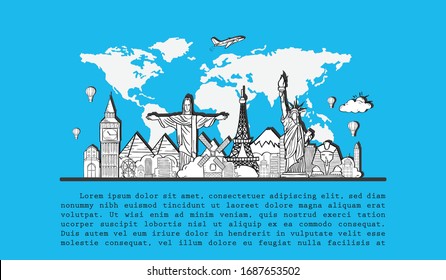 doodle airplane around the world concept summer banner plane aerial check in with Top world famous landmark blank on map space for text and content. vector, banner, Card, Hand Draw