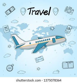 doodle airplane check in point travel accessories around the world concept on blue Background. blank space for text and content paper art, vector, banner, Hand Draw,