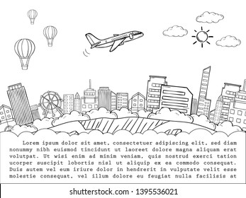 doodle airplane check in point travel around the world concept on white Background. blank space for text and content paper art, vector, banner, Hand Draw,