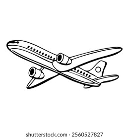 Doodle airplane in flight. Hand drawn plane with detailed windows, engines, wings, and a tail with a circular emblem.