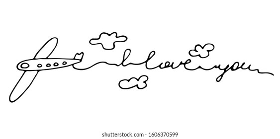 Doodle airplane leaves a trace in the sky text I love you. Vector sketch for Valentine's Day. The concept of love and carelessness. Style outline  isolated on white background.