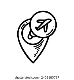 Doodle airport pin icon. Tickets sale location. Hand drawn sketch vector illustration. Tourist agency location.