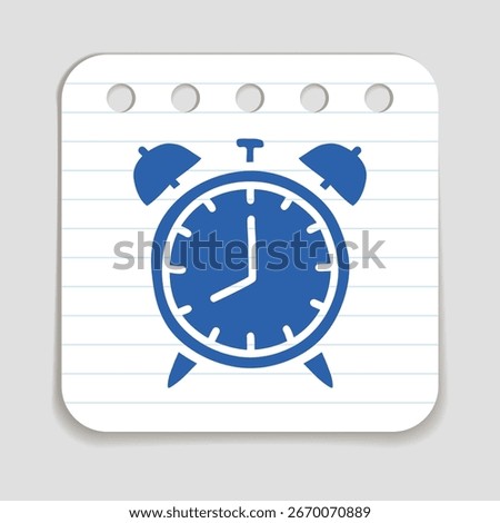 Doodle Alarm Clock icon, blue pen hand drawn on a notepaper piece
