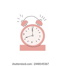 Doodle reloj despertador anillo ilustración de dibujos animados. Ilustración vectorial para la educación o concepto de negocio. Alarma de color rosa pastel. 