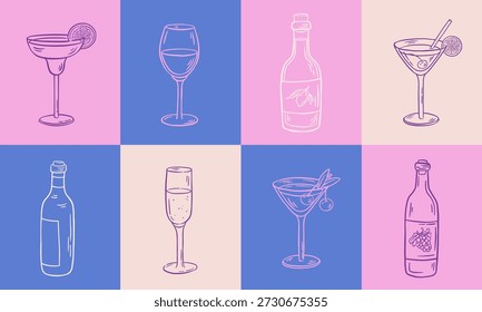 Doodle alcohol icon set with drinks, martini, cocktail, champagne and wine bottle vector illustration. Vivid colors