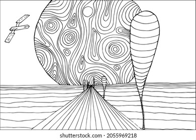 Doodle alien fantasy crater landscape coloring page for adults. Fantastic graphic artwork. Hand drawn illustration