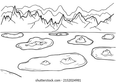 Doodle alien fantasy crater landscape coloring page for adults. Fantastic graphic artwork. Hand drawn illustration