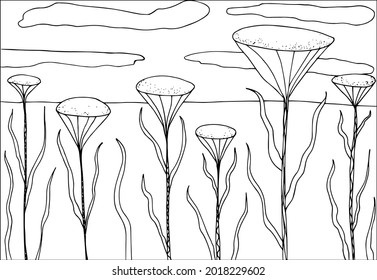 Doodle alien fantasy landscape with big flowers coloring page for adults. Fantastic psychedelic graphic artwork. Vector hand drawn simple flat illustration.