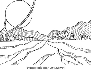 Doodle alien fantasy landscape with big craters coloring page for adults. Fantastic psychedelic graphic artwork. Vector hand drawn simple flat illustration.