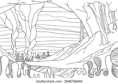 Doodle alien fantasy landscape with big rocks coloring page for adults. Fantastic psychedelic graphic artwork. Vector hand drawn simple flat illustration.