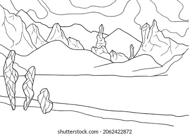 Doodle alien fantasy landscape with big craters coloring page for adults. Fantastic psychedelic graphic artwork. Vector hand drawn simple flat illustration.
