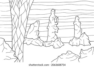 Doodle alien fantasy landscape with big craters coloring page for adults. Fantastic psychedelic graphic artwork. Vector hand drawn simple flat illustration.