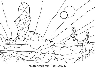 Doodle alien fantasy landscape with big craters coloring page for adults. Fantastic psychedelic graphic artwork. Vector hand drawn simple flat illustration.