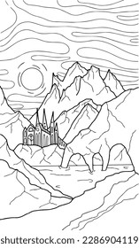 Doodle alien fantasy landscape with castle coloring page for adults. Fantastic psychedelic graphic artwork. Vector hand drawn simple flat illustration.