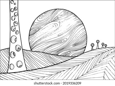 Doodle alien fantasy landscape with planets on the sky coloring page for adults. Fantastic psychedelic graphic artwork. Vector hand drawn simple flat illustration.