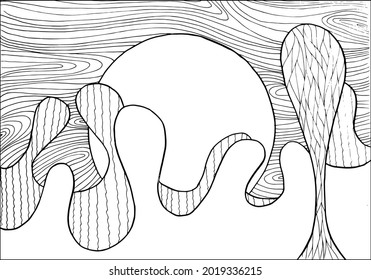 Doodle alien fantasy landscape with planets on the sky coloring page for adults. Fantastic psychedelic graphic artwork. Vector hand drawn simple flat illustration.