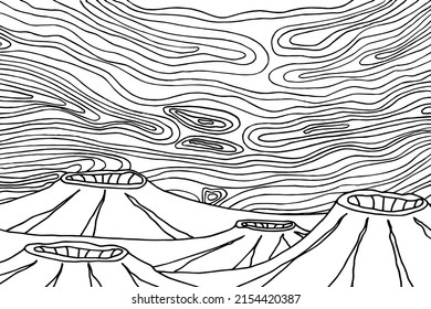 Doodle alien fantasy mountain landscape coloring page for adults. Fantastic graphic artwork. Hand drawn illustration