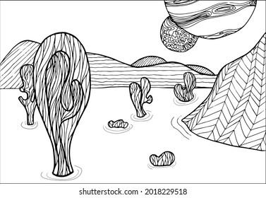 Doodle alien fantasy water landscape with big mushrooms coloring page for adults. Fantastic psychedelic graphic artwork. Vector hand drawn simple flat illustration.