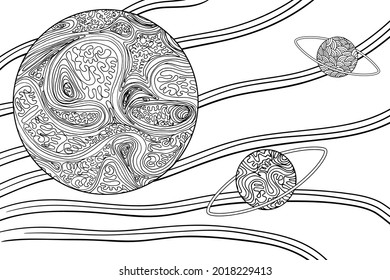 Doodle alien space fantasy landscape coloring page for adults. Fantastic psychedelic graphic artwork. Vector hand drawn simple flat illustration