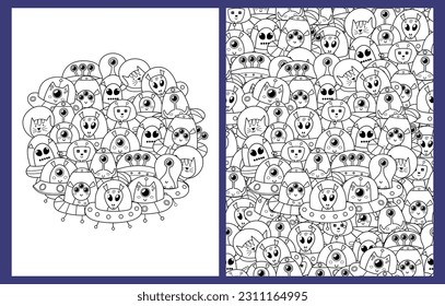 Doodle aliens coloring pages set in US Letter format. Black and white funny background with ufo characters. Space templates for coloring book. Vector illustration