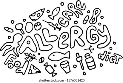 Doodle Allergy. Hand drawn set isolated on white background. Hand writing inscriptions Allergy, Diet, Food, Care. Seafood, nuts, milk and medical drugs around.