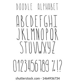 Doodle alphabet. Hand drawn letters and numbers. ABC. Font.
