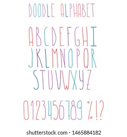 Doodle alphabet. Hand drawn letters and numbers. ABC. Font.
