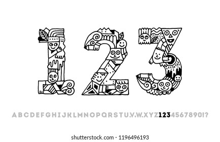 Doodle Alphabet Letters 1 2 3. Outline Vector Illustration. 