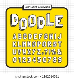 Doodle alphabet and number set. 3D Hand drawn cartoon font with striped shadow, for headline or title design of poster, layout, scrapbook or print.