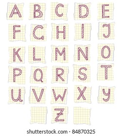 Doodle alphabet on the pieces of paper