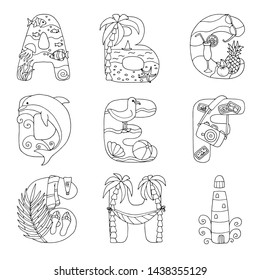 Doodle alphabet with rest on the sea, letters from A to I, coloring page for kids and adults