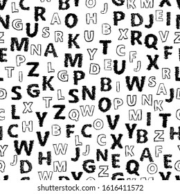 Doodle alphabet seamless background.  Endless vector pattern with black letters on a white background.