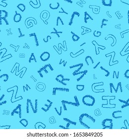 Doodle alphabet seamless background.  Endless vector pattern with blue letters on a blue background.