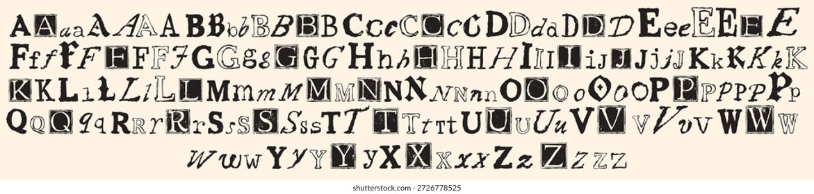 Doodle alphabet set, vector hand drawn grunge different letters, print letterpress font scribble ABC. Vintage anonymous typeface message, dark calligraphy antique text. Doodle alphabet element icon