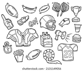 Juego de iconos de fútbol americano Doodle. Fútbol de rugby. Deportes de primavera