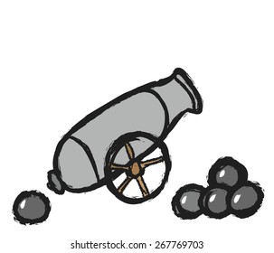 doodle ancient cannon with cannon balls, vector illustration