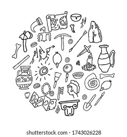 Doodle ancient objects, archeology, history hand drawn stock vector illustration isolated in round shape on white background. Education, tribal composition.