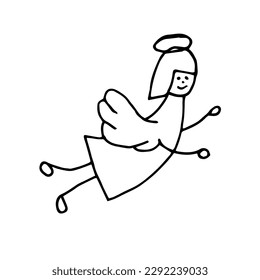 Doodle Angel isolated on white background. Simple black contour Cherub with halo. Hand Drawn Angel. Vector illustration.