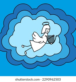 Doodle Angel on the blue clouds. Simple black contour Cherub with halo in Haven. Hand Drawn Angel. Vector illustration.