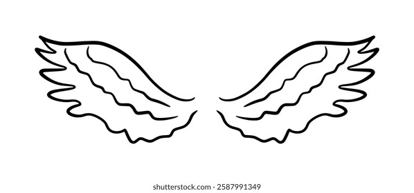 Doodle angel wing, vector sketch wings. Hand drawn bird tattoo silhouette. Illustration on white background. Fly symbol