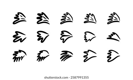 Doodle angel wing, vector sketch wings. Hand drawn bird tattoo silhouette. Illustration with angle wings and halo on white background. Big set of flying symbols