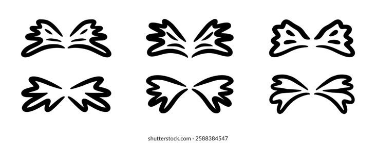 Doodle angel wing, vector sketch wings. Hand drawn bird tattoo silhouette. Illustration with angle wings and halo on white background. Big set of flying symbols