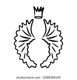 Doodle angel wing, vector sketch wings with crown. Hand drawn bird tattoo silhouette. Illustration on white background. Fly symbol,halo