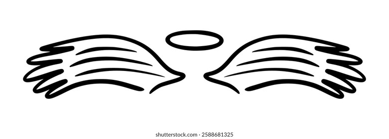 Doodle angel wing, vector sketch wings. Hand drawn bird tattoo silhouette. Illustration with angle wings, crown and halo, nimbus on white background. Cartoon style