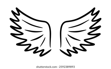 Doodle angel wing, vector sketch wings. Hand drawn bird tattoo silhouette. Illustration on white background. Fly symbol. Single element