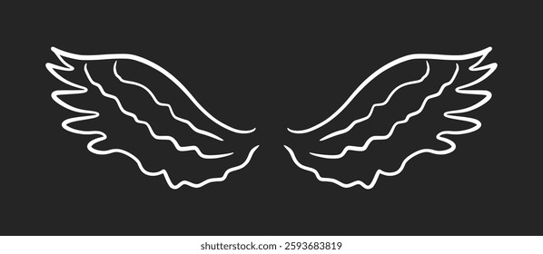 Doodle angel wing, vector sketch wings. Hand drawn bird tattoo silhouette. Illustration on black background. Fly symbol. Single element