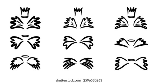 Doodle angel wing, vector sketch wings. Hand drawn bird tattoo silhouette. Illustration with angle wings and halo on white background. Big set of flying symbols with crown
