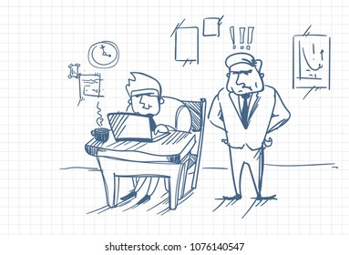 Doodle Angry Business Man Boss Standing At Worker Using Laptop Computer At Office Workplace